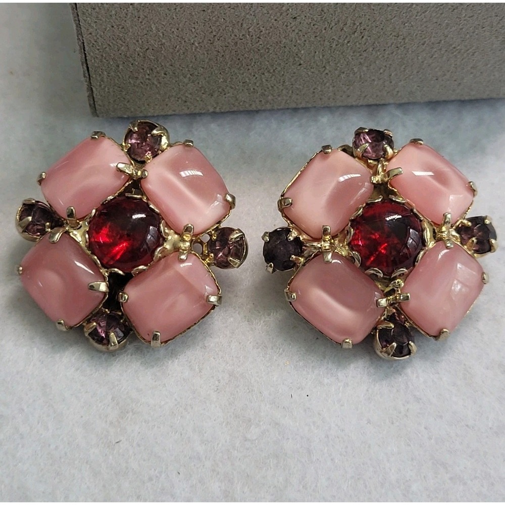 Pink Glass Rhinestone Clip On Earrings Gold Tone Retro Maximalist Statement